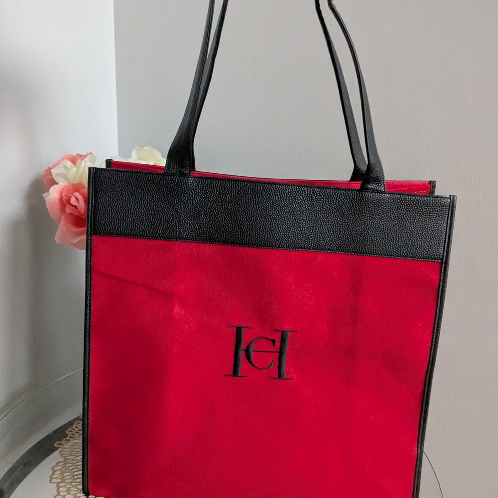 Vibrant Red Canvas Tote with Black Accents and Pom-Pom